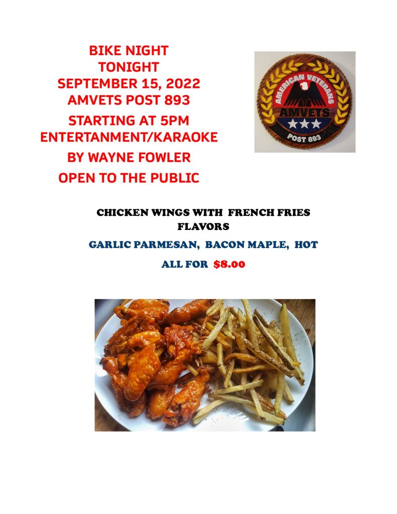BIKE NIGHT AT AMVETS POST 893 SEPTEMBER 15, 2022 OPEN TO THE PUBLIC
